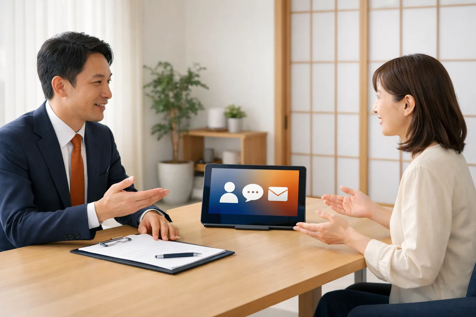 Wide cover image, welcoming consultation scene in a bright Japanese meeting room: two professionals across a table, hands gesturing over a blank form and a tablet showing simple abstract contact icons (no readable text). Warm natural light, professional and approachable mood, subtle navy-and-orange accents, lots of clean negative space, photorealistic editorial photography. No words, no letters, no numbers, no logos, no watermarks.