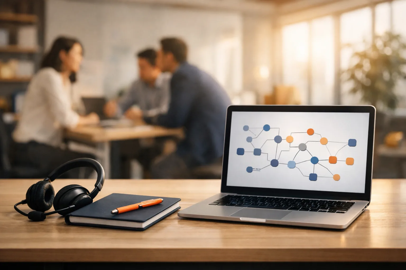 Wide panoramic hero banner, premium corporate editorial photography in a modern Japanese office: a clean desk in the foreground with a headset, a navy notebook, and an orange accent pen beside a laptop showing an abstract AI workflow graph with nodes and connectors (no readable text). In the softly blurred background, professionals collaborate around a table, warm morning light, calm confidence, subtle navy-and-orange color accents, shallow depth of field, 35mm lens. No words, no letters, no numbers, no logos, no watermarks.