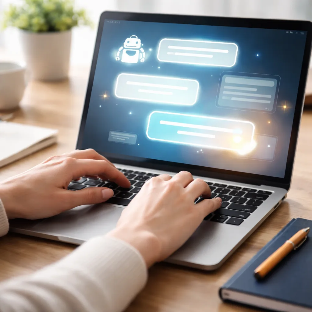 Square close-up, high-end product photo: hands typing on a laptop displaying an AI-powered customer support chat interface rendered as abstract message bubbles and UI blocks (no readable text). Soft glow suggesting automation, clean Japanese corporate desk, navy notebook and orange accent pen, natural daylight, shallow depth of field. No words, no letters, no numbers, no logos, no watermarks.