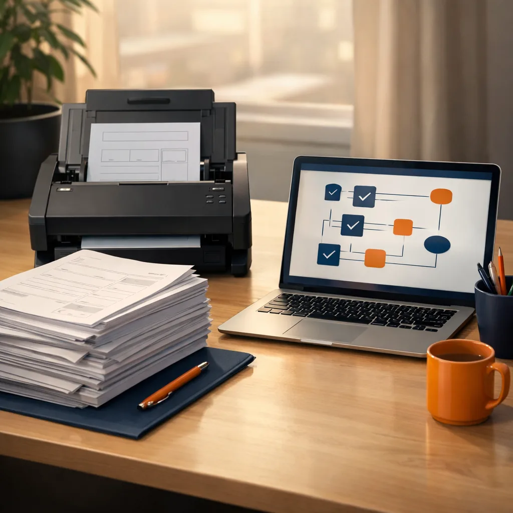 Square photorealistic scene of a streamlined back-office workflow: neatly stacked documents with blank fields, a scanner and laptop showing an abstract automation checklist (no readable text), tidy desk, calm mood, warm daylight, subtle navy-and-orange accents, sharp detail, realistic. No words, no letters, no numbers, no logos, no watermarks.