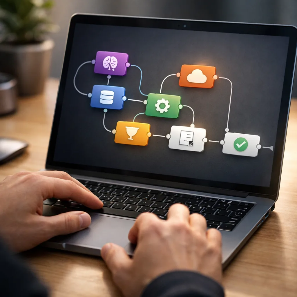 Square close-up of a laptop running a low-code AI workflow builder: connected nodes, connectors, and icons forming an automation graph (no readable text), hands adjusting nodes with trackpad, clean desk, subtle glow, high-end product photography, realistic. No words, no letters, no numbers, no logos, no watermarks.