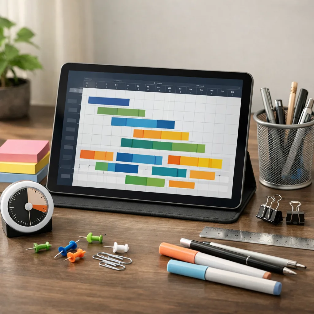 Square photorealistic project management scene: a desk with a tablet displaying an abstract timeline and resource blocks (no readable text), color-coded sticky notes, a small desk timer, neatly arranged stationery, calm organized vibe, soft daylight, realistic. No words, no letters, no numbers, no logos, no watermarks.