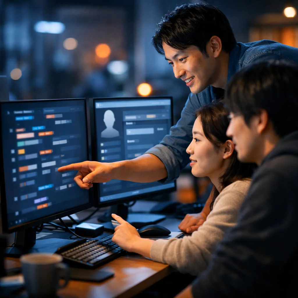 Square editorial tech-office photo: Japanese software engineers collaborating in a code review, monitors show abstract code-like blocks and an AI assistant panel as blurred UI shapes (no readable text), modern workspace, cool navy tones with warm orange accent reflections, crisp realism, shallow depth of field. No words, no letters, no numbers, no logos, no watermarks.