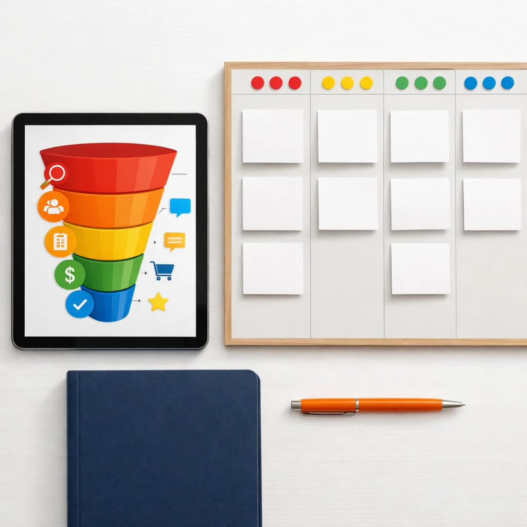 Square top-down still life: tablet showing an abstract sales pipeline funnel with color-coded stages and icons (no readable text), alongside a physical kanban board with blank cards and colored dots, navy notebook, orange pen, tidy desk, bright daylight, minimal aesthetic, photorealistic. No words, no letters, no numbers, no logos, no watermarks.