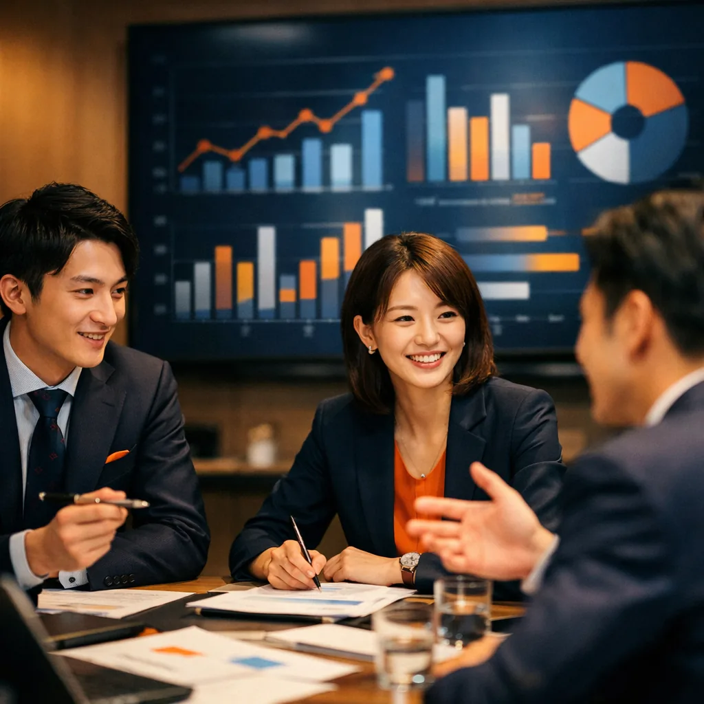 Square cinematic corporate photo: Japanese sales team in a strategy session around a table, a large display shows abstract KPI charts and pipeline bars (no readable text), energetic but professional mood, warm office lighting, navy suits with subtle orange highlights, shallow depth of field, 35mm lens. No words, no letters, no numbers, no logos, no watermarks.