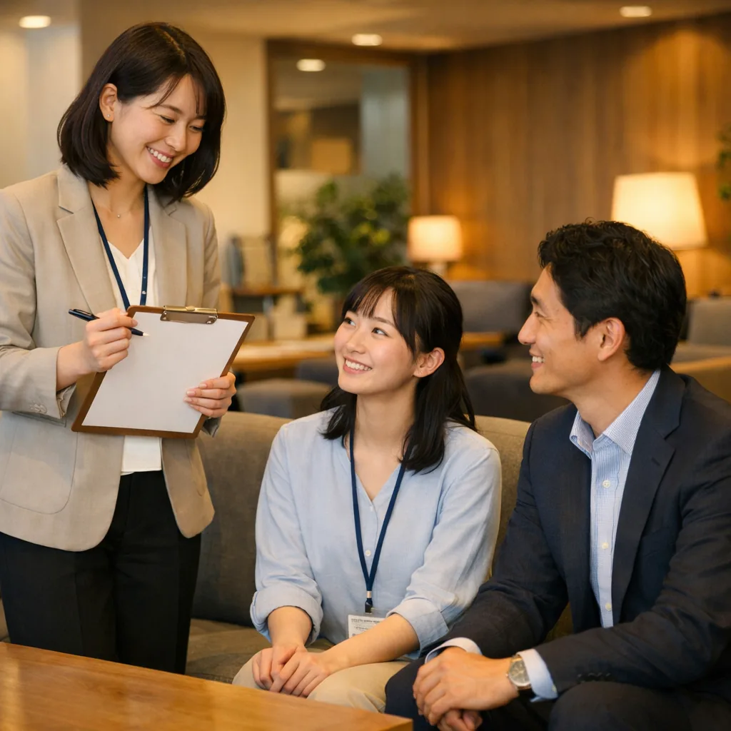 Square candid workplace follow-up scene: a coordinator checking in with a new staff member and their supervisor in a lounge area, friendly smiles, clipboard with blank paper, warm light, supportive atmosphere, Japanese corporate setting, photorealistic. No words, no letters, no numbers, no logos, no watermarks.