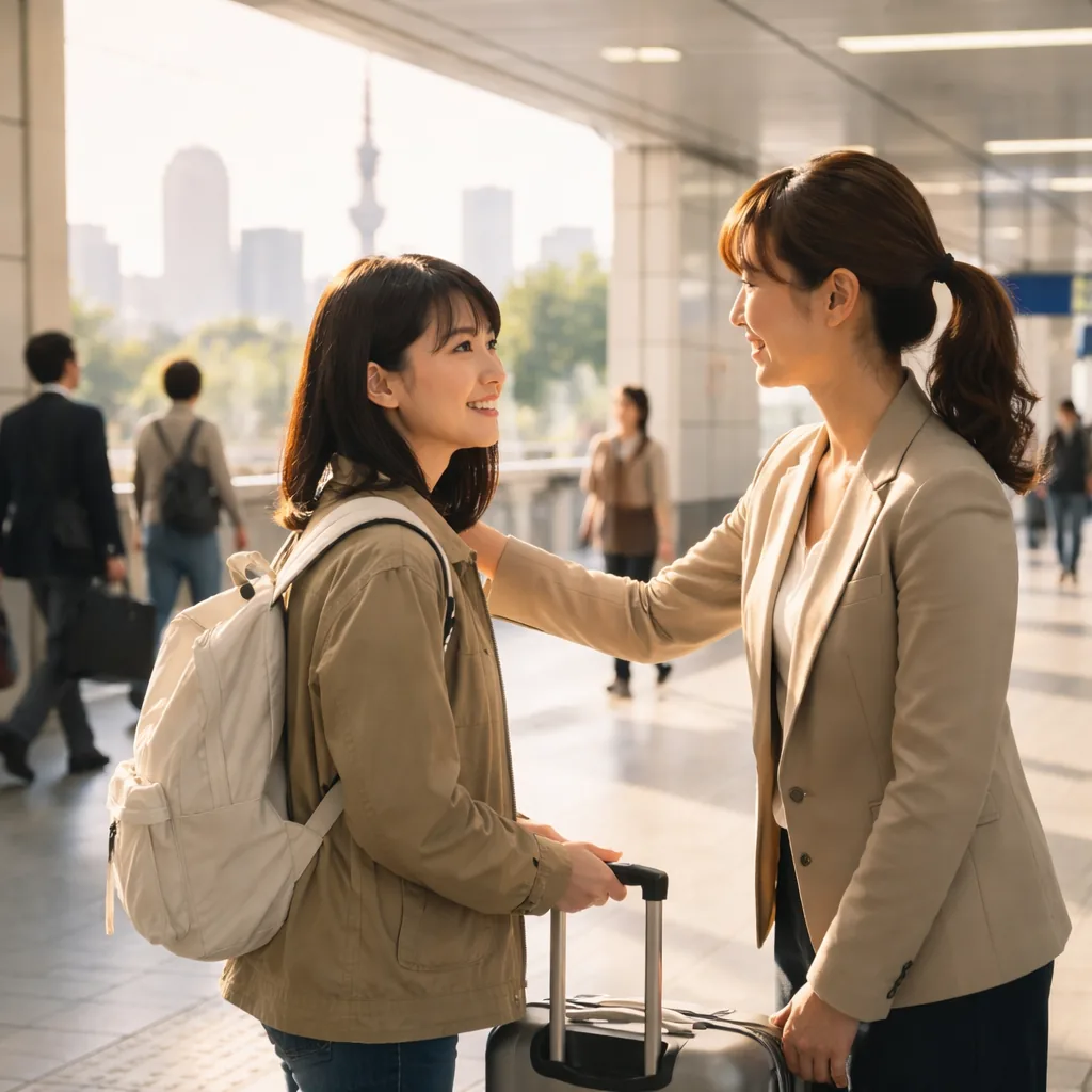 Square documentary-style photo in Japan: a young person with a suitcase at a train station concourse, greeted by a supportive coordinator, hint of Tokyo city skyline in the distance, morning light, hopeful new-start mood, clean composition with no visible signage or readable text, photorealistic. No words, no letters, no numbers, no logos, no watermarks.