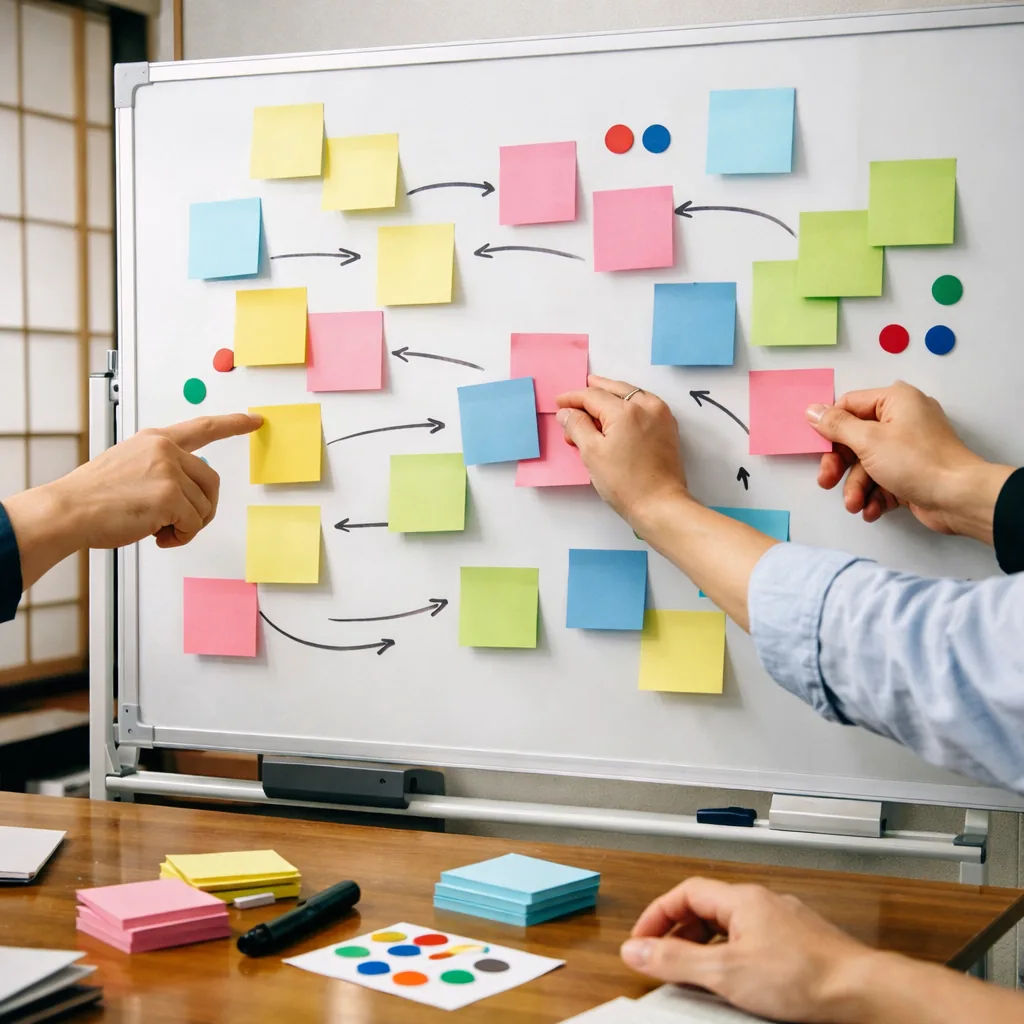 Square documentary-style photo of a process redesign workshop in a modern Japanese meeting room: a whiteboard covered with blank sticky notes, unlabeled flow arrows, and color dots (no writing). Hands pointing and moving cards, collaborative energy, bright soft light, crisp focus, realistic. No words, no letters, no numbers, no logos, no watermarks.