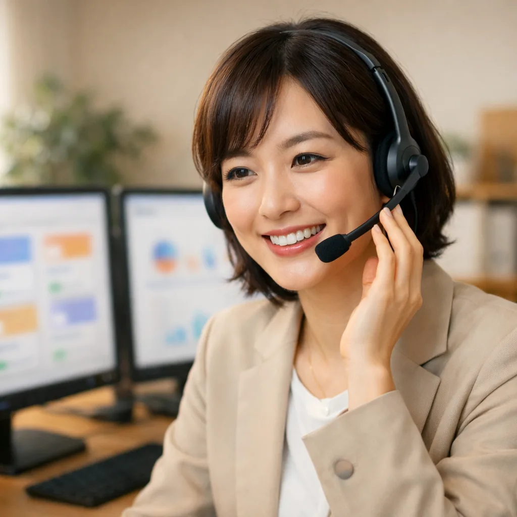 Square portrait-style photo of an inside sales representative wearing a headset, speaking with friendly focus, dual monitors show abstract CRM cards and call metrics as blurred shapes (no readable text). Clean Japanese office, soft warm light, professional yet human, realistic. No words, no letters, no numbers, no logos, no watermarks.
